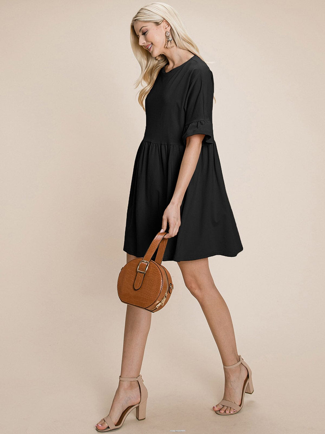 WOMEN'S SHORT RUFFLE SLEEVE LOOSE FIT TUNIC MINI DRESS