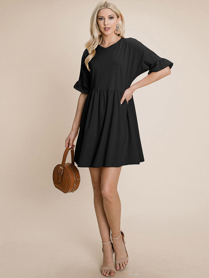 WOMEN'S SHORT RUFFLE SLEEVE LOOSE FIT TUNIC MINI DRESS