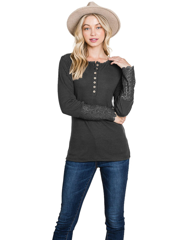 WOMEN'S LONG CROCHET SLEEVE BUTTON UP TOP