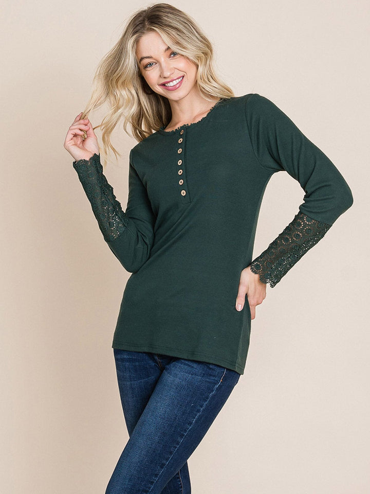 WOMEN'S LONG CROCHET SLEEVE BUTTON UP TOP