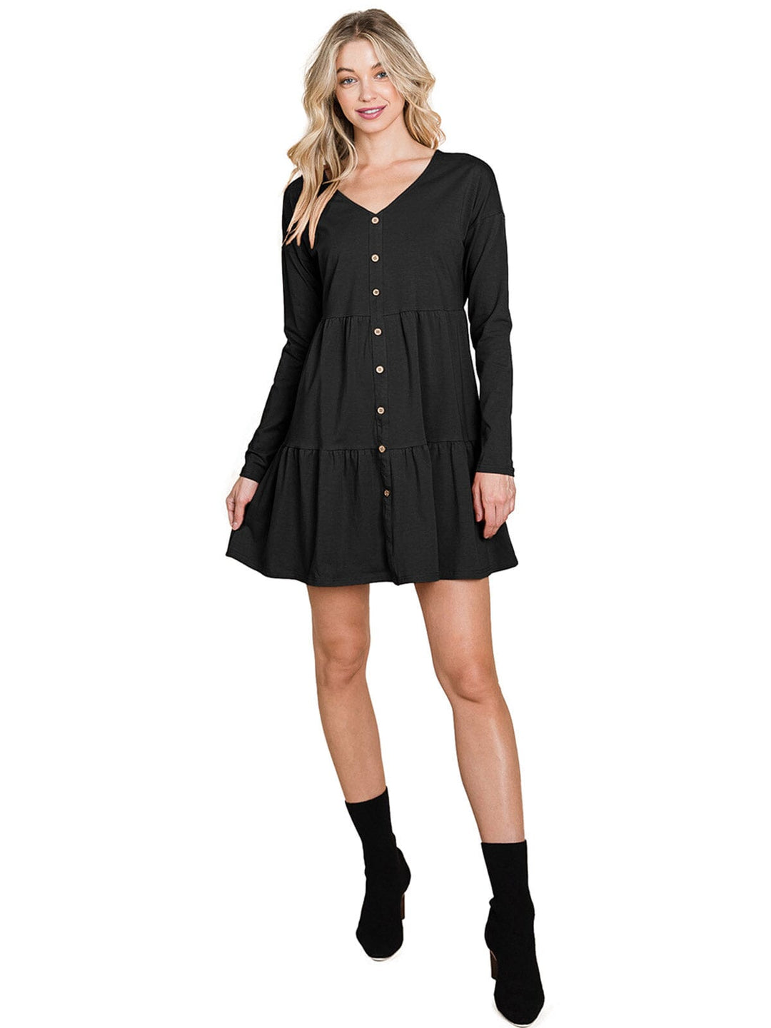 WOMEN'S LONG SLEEVE V-NECK BUTTON UP TIERED MINI DRESS
