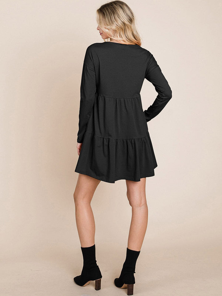 WOMEN'S LONG SLEEVE V-NECK BUTTON UP TIERED MINI DRESS