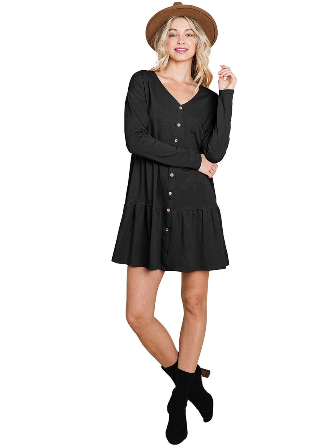 WOMEN'S LONG SLEEVE V-NECK BUTTON UP TIERED MINI DRESS