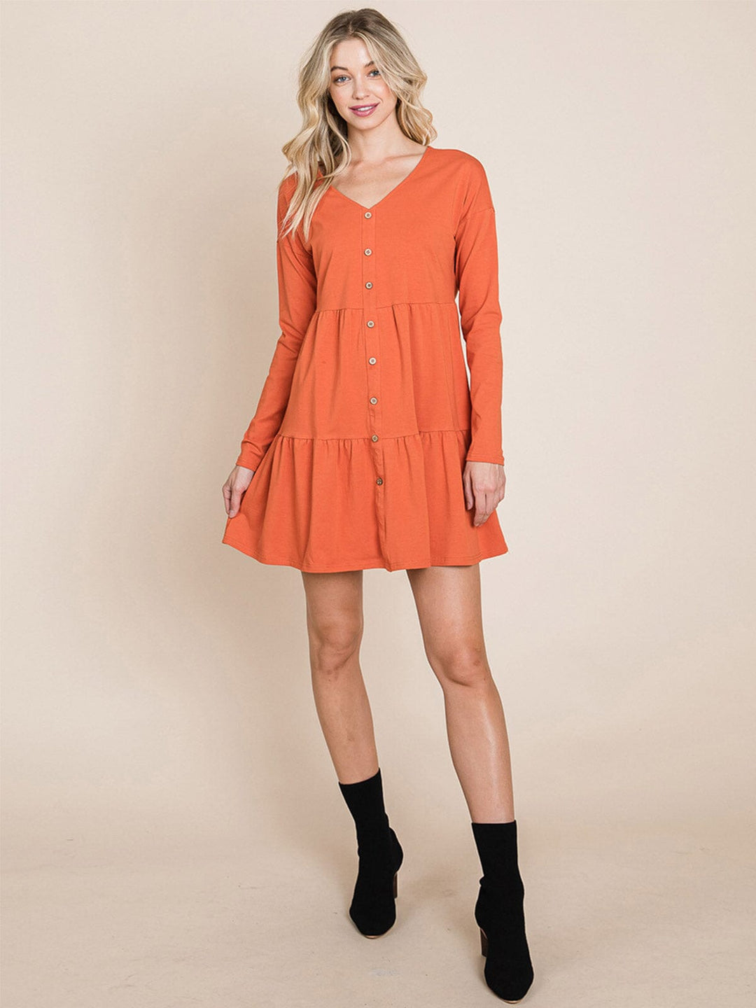 WOMEN'S LONG SLEEVE V-NECK BUTTON UP TIERED MINI DRESS