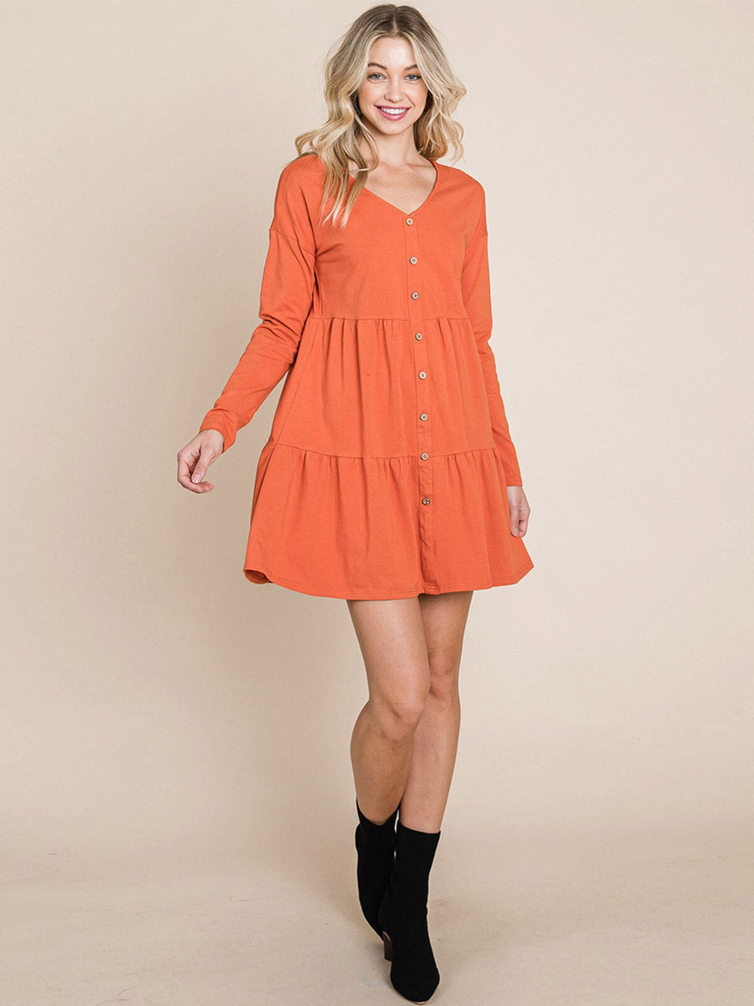 WOMEN'S LONG SLEEVE V-NECK BUTTON UP TIERED MINI DRESS