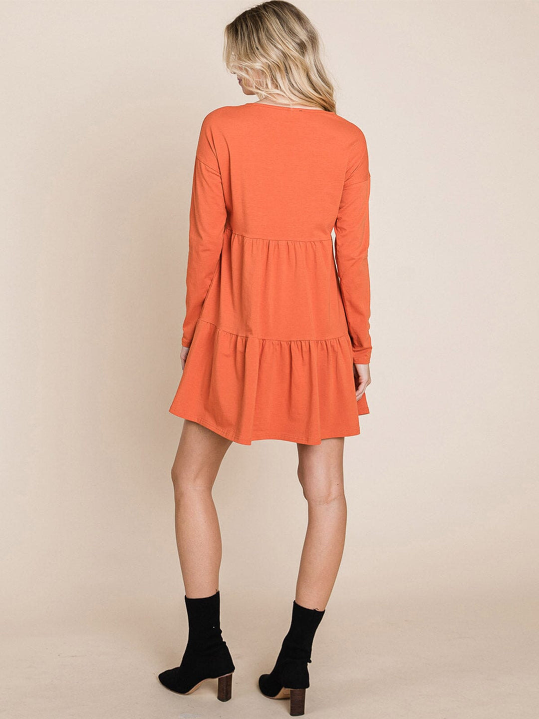 WOMEN'S LONG SLEEVE V-NECK BUTTON UP TIERED MINI DRESS