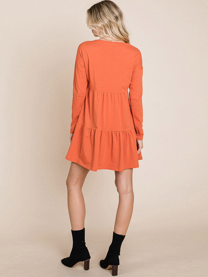 WOMEN'S LONG SLEEVE V-NECK BUTTON UP TIERED MINI DRESS