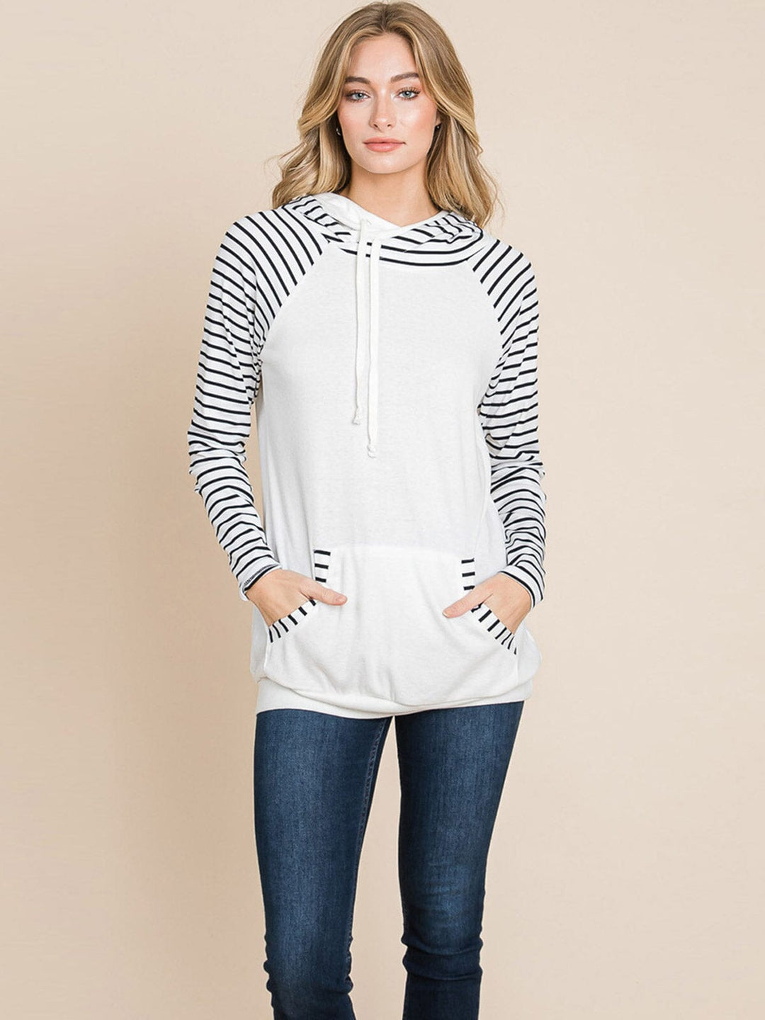 WOMEN'S LONG SLEEVE FRONT POCKET HOODED STRIPES COLORBLOCK TOP