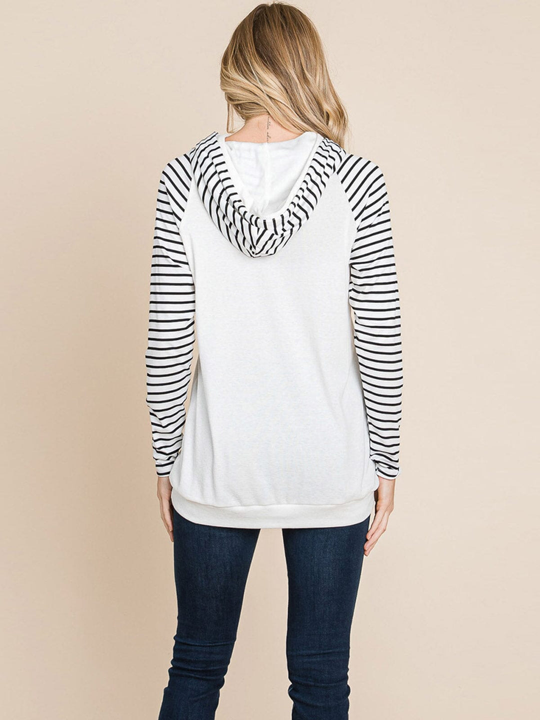 WOMEN'S LONG SLEEVE FRONT POCKET HOODED STRIPES COLORBLOCK TOP