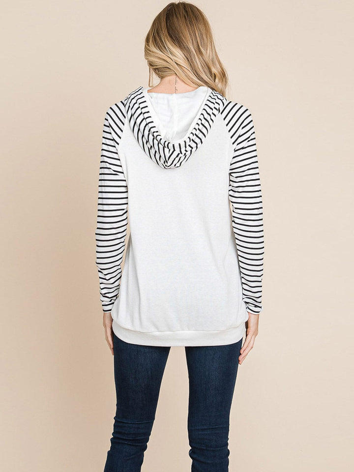 WOMEN'S LONG SLEEVE FRONT POCKET HOODED STRIPES COLORBLOCK TOP