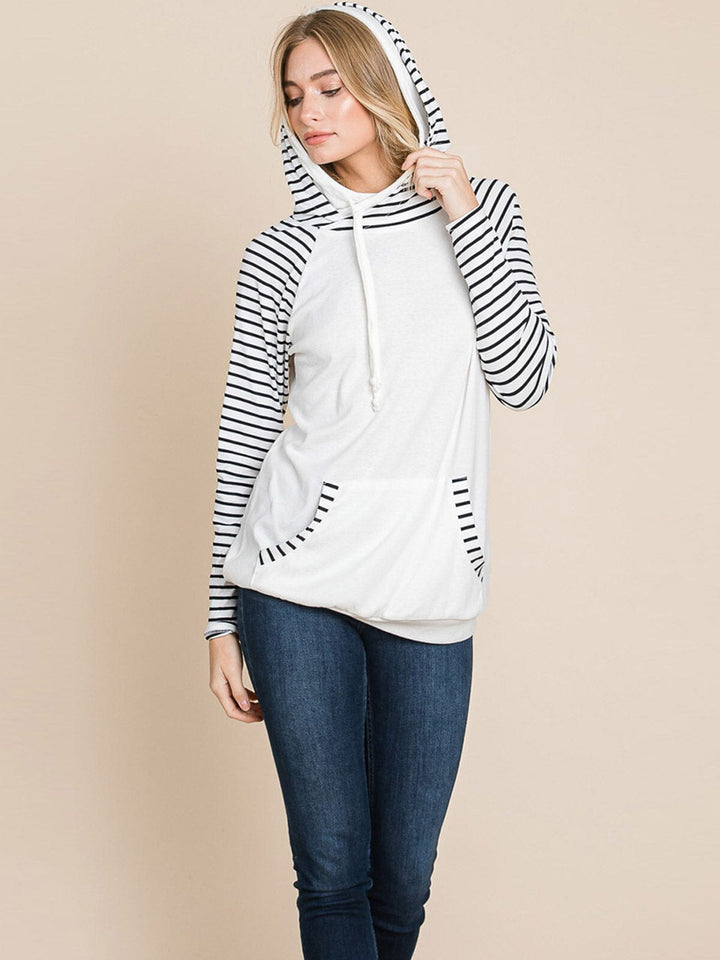 WOMEN'S LONG SLEEVE FRONT POCKET HOODED STRIPES COLORBLOCK TOP