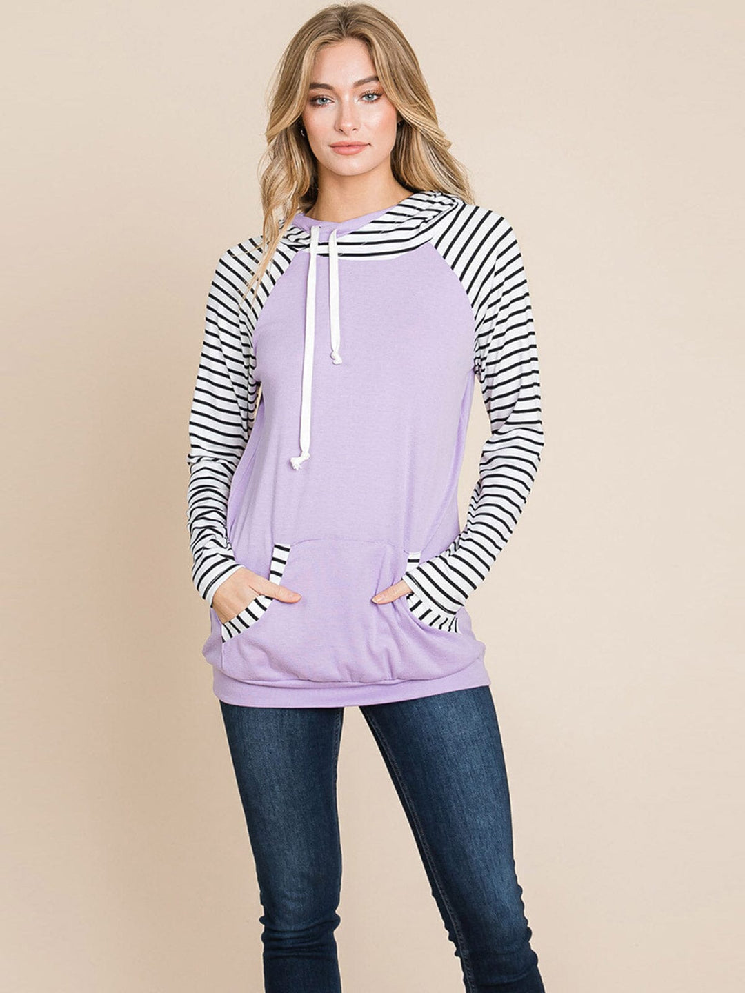 WOMEN'S LONG SLEEVE FRONT POCKET HOODED STRIPES COLORBLOCK TOP