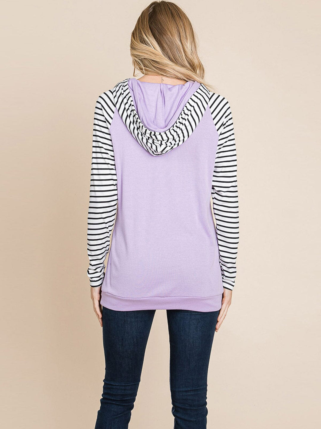 WOMEN'S LONG SLEEVE FRONT POCKET HOODED STRIPES COLORBLOCK TOP