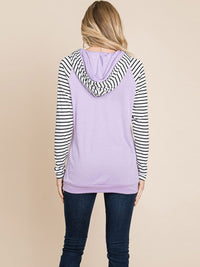 WOMEN'S LONG SLEEVE FRONT POCKET HOODED STRIPES COLORBLOCK TOP