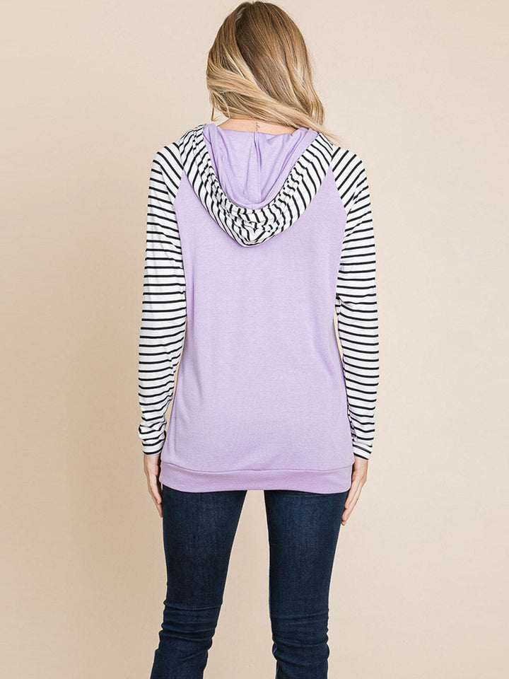 WOMEN'S LONG SLEEVE FRONT POCKET HOODED STRIPES COLORBLOCK TOP