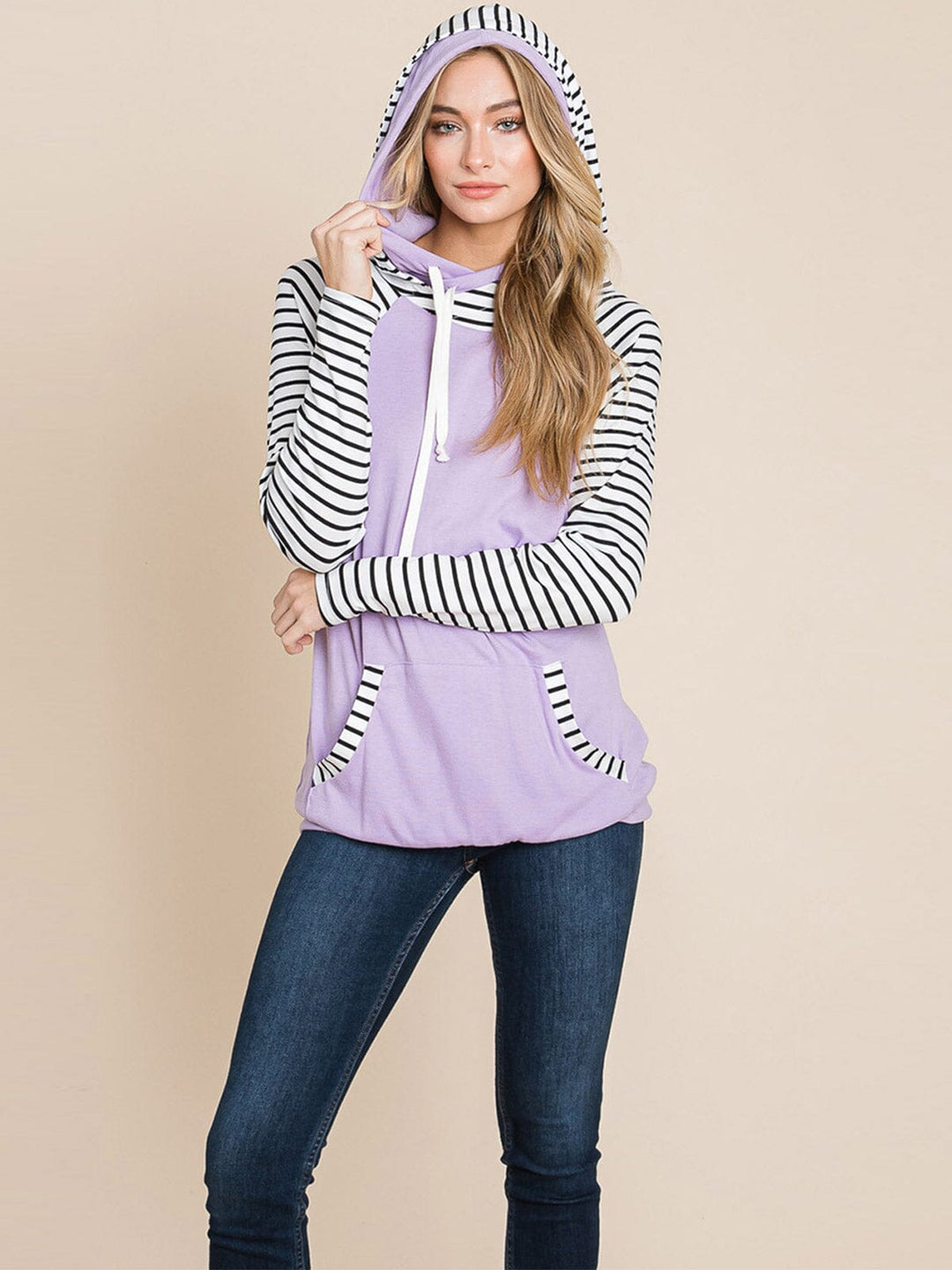 WOMEN'S LONG SLEEVE FRONT POCKET HOODED STRIPES COLORBLOCK TOP