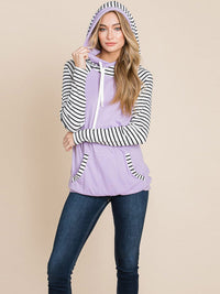 WOMEN'S LONG SLEEVE FRONT POCKET HOODED STRIPES COLORBLOCK TOP