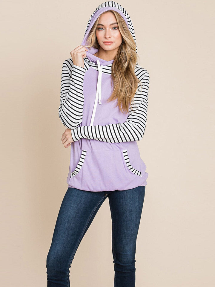 WOMEN'S LONG SLEEVE FRONT POCKET HOODED STRIPES COLORBLOCK TOP