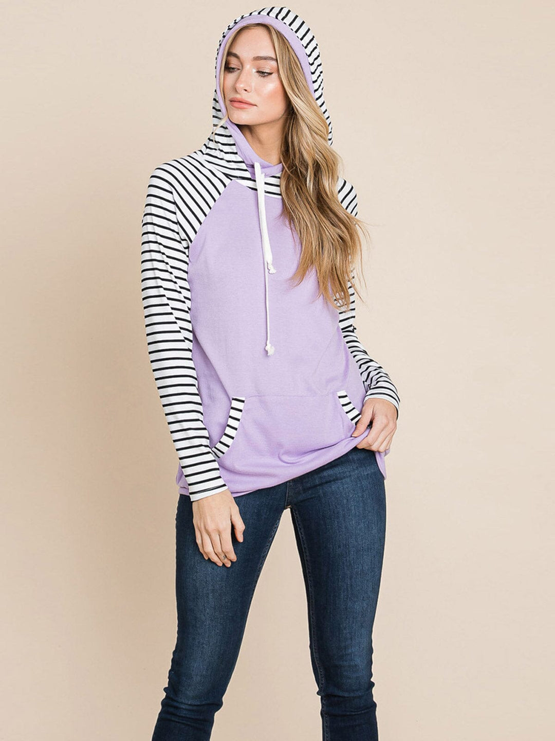 WOMEN'S LONG SLEEVE FRONT POCKET HOODED STRIPES COLORBLOCK TOP