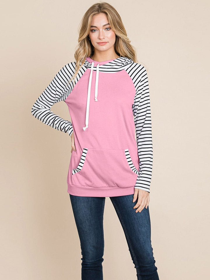 WOMEN'S LONG SLEEVE FRONT POCKET HOODED STRIPES COLORBLOCK TOP