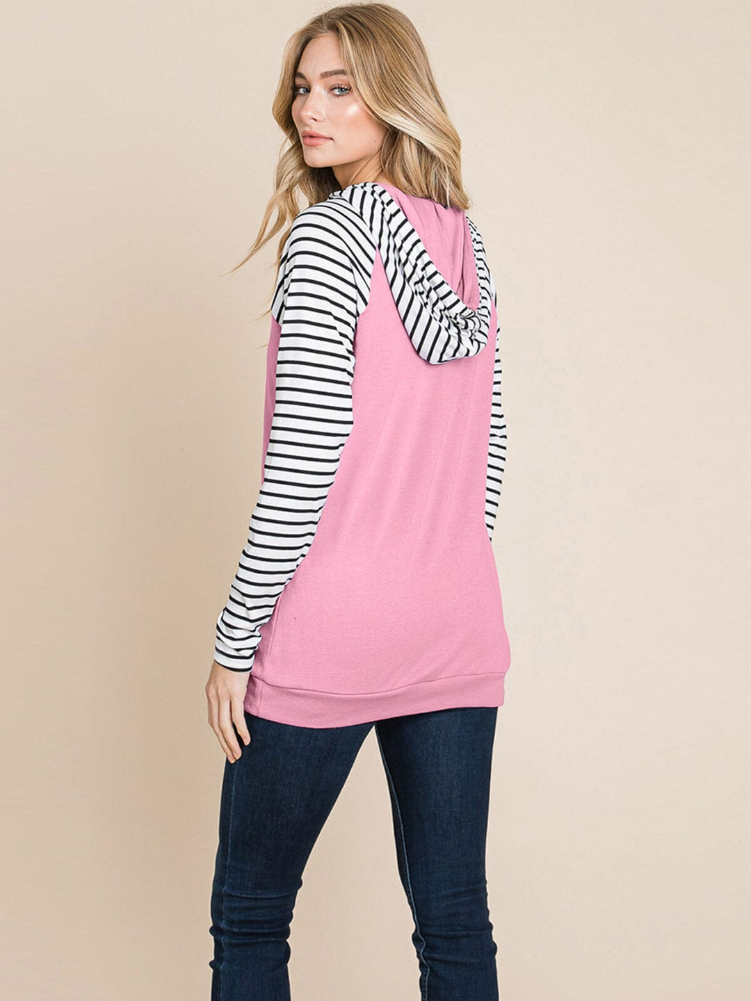 WOMEN'S LONG SLEEVE FRONT POCKET HOODED STRIPES COLORBLOCK TOP