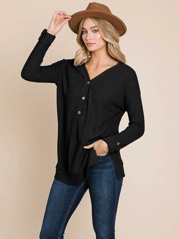 WOMEN'S LONG SLEEVE V-NECK BUTTON UP OVERSIZED TOP