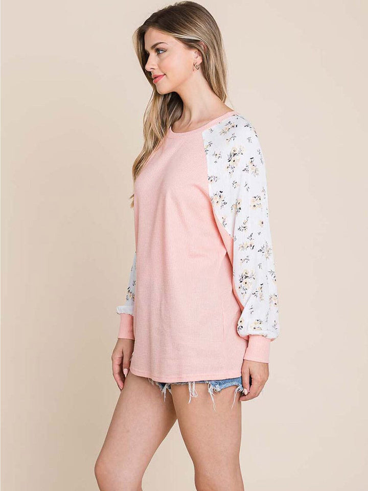 WOMEN'S LONG FLORAL SLEEVE WAFFLE BLOUSE