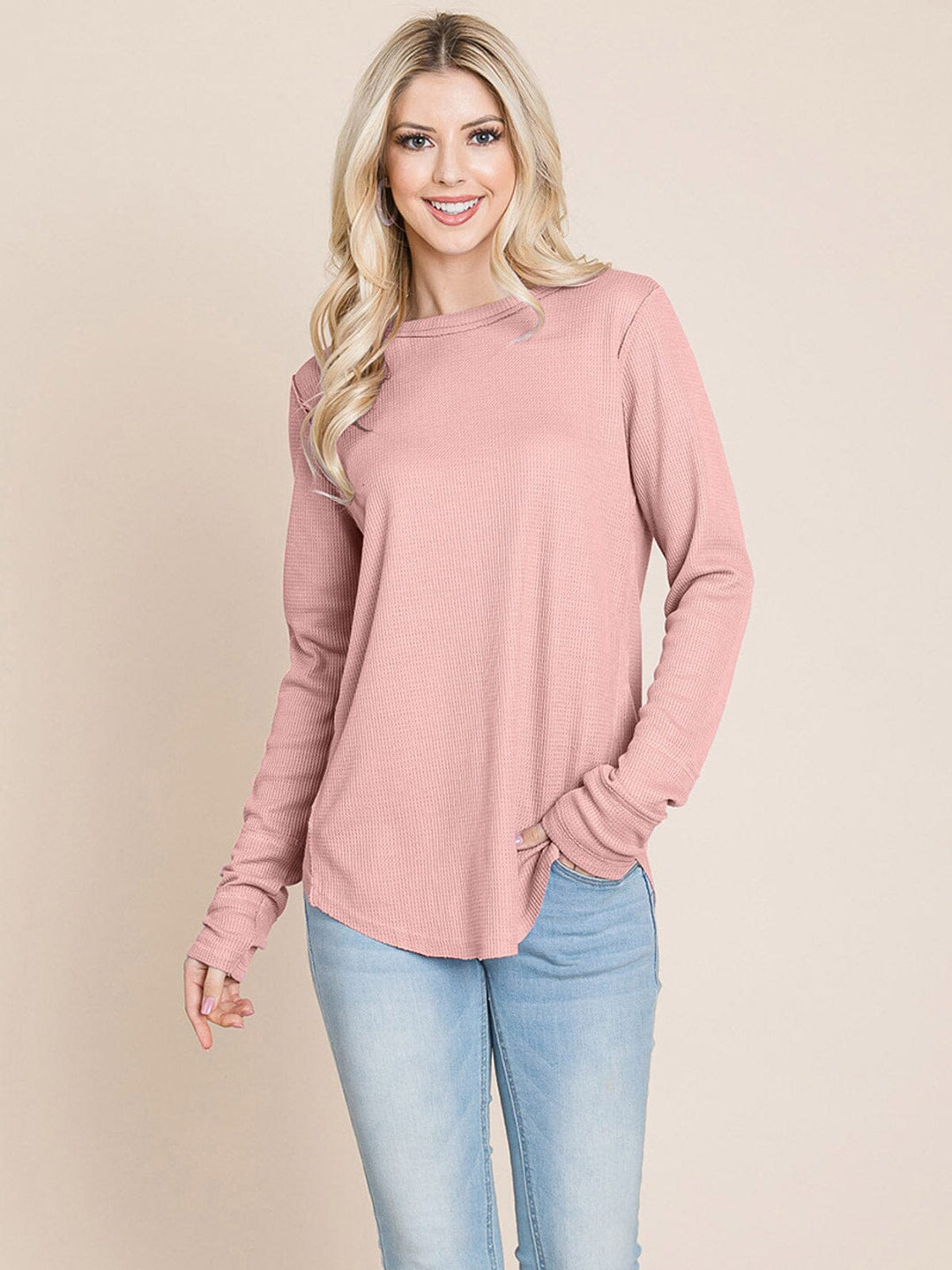 WOMEN'S LONG SLEEVE SOLID WAFFLE TOP