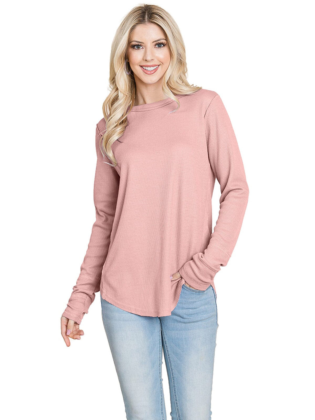 WOMEN'S LONG SLEEVE SOLID WAFFLE TOP