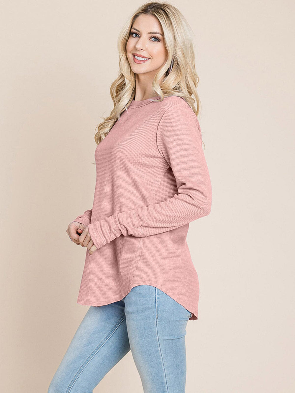 WOMEN'S LONG SLEEVE SOLID WAFFLE TOP
