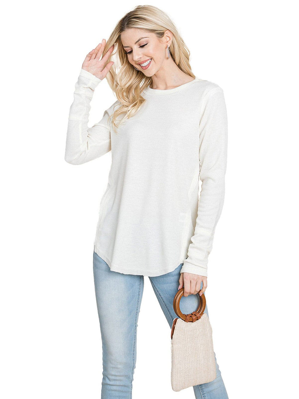 WOMEN'S LONG SLEEVE SOLID WAFFLE TOP