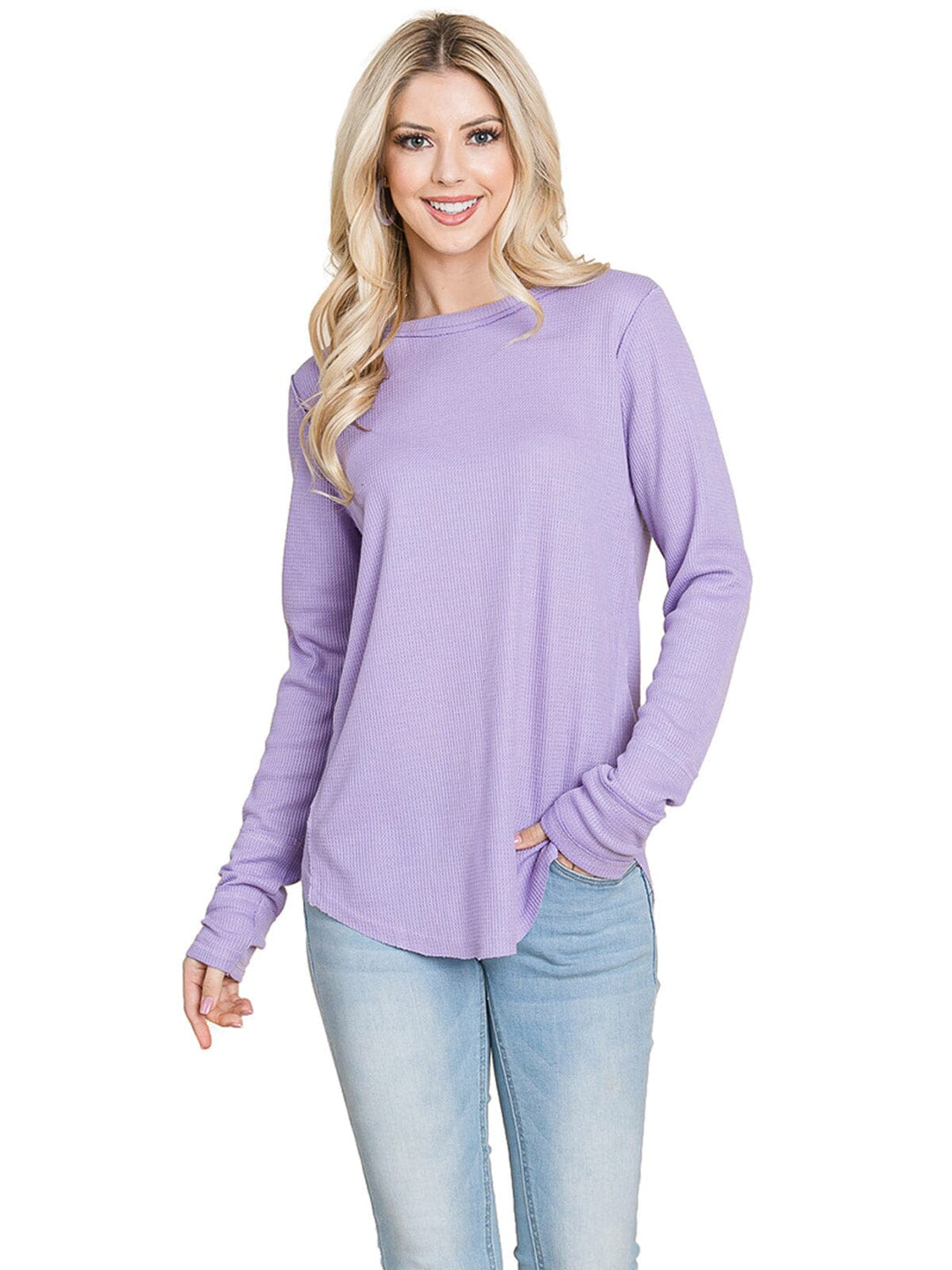 WOMEN'S LONG SLEEVE SOLID WAFFLE TOP