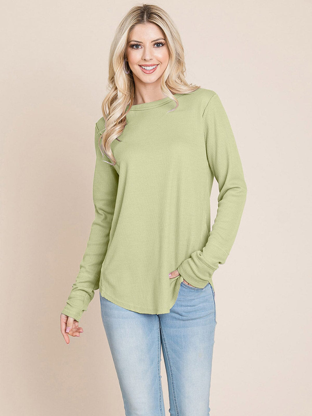 WOMEN'S LONG SLEEVE SOLID WAFFLE TOP