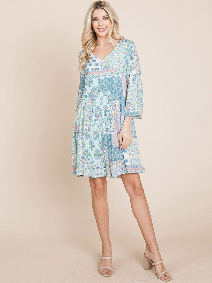 WOMEN'S 3/4 SLEEVE V-NECK LOOSE FIT MULTI PRINT TUNIC MINI DRESS