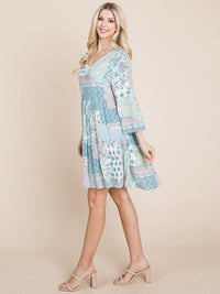 WOMEN'S 3/4 SLEEVE V-NECK LOOSE FIT MULTI PRINT TUNIC MINI DRESS
