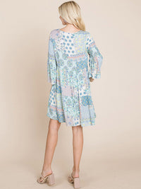WOMEN'S 3/4 SLEEVE V-NECK LOOSE FIT MULTI PRINT TUNIC MINI DRESS
