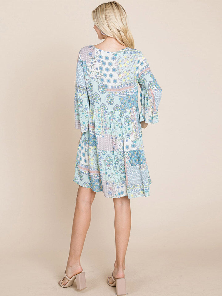 WOMEN'S 3/4 SLEEVE V-NECK LOOSE FIT MULTI PRINT TUNIC MINI DRESS