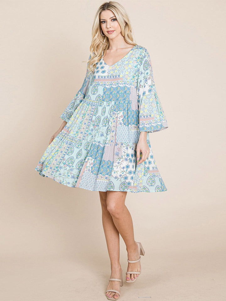 WOMEN'S 3/4 SLEEVE V-NECK LOOSE FIT MULTI PRINT TUNIC MINI DRESS