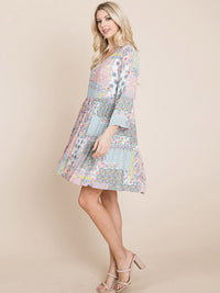 WOMEN'S 3/4 SLEEVE V-NECK LOOSE FIT MULTI PRINT TUNIC MINI DRESS