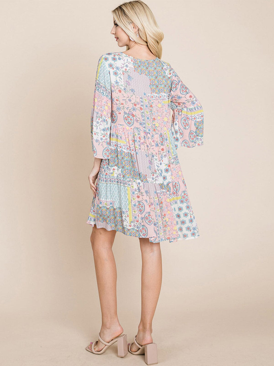 WOMEN'S 3/4 SLEEVE V-NECK LOOSE FIT MULTI PRINT TUNIC MINI DRESS