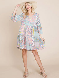 WOMEN'S 3/4 SLEEVE V-NECK LOOSE FIT MULTI PRINT TUNIC MINI DRESS