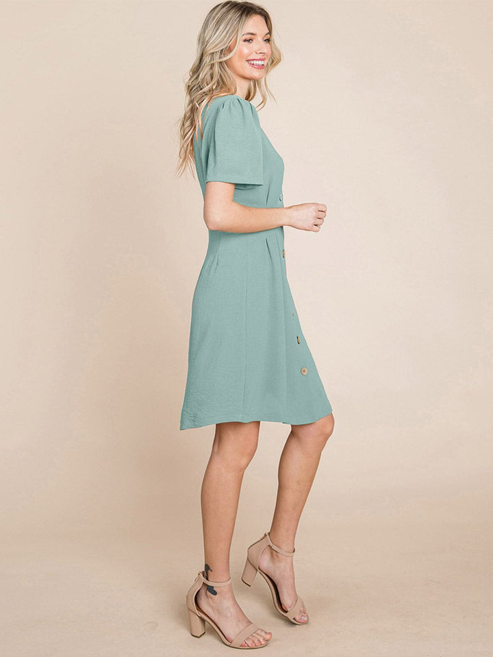 WOMEN'S SHORT SLEEVE V-NECK BUTTON UP MINI DRESS