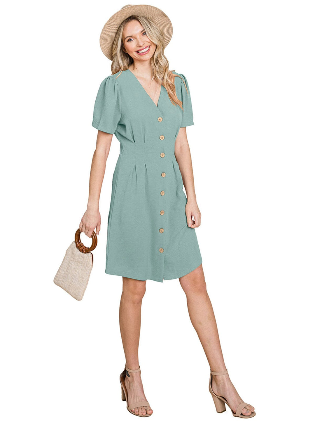 WOMEN'S SHORT SLEEVE V-NECK BUTTON UP MINI DRESS