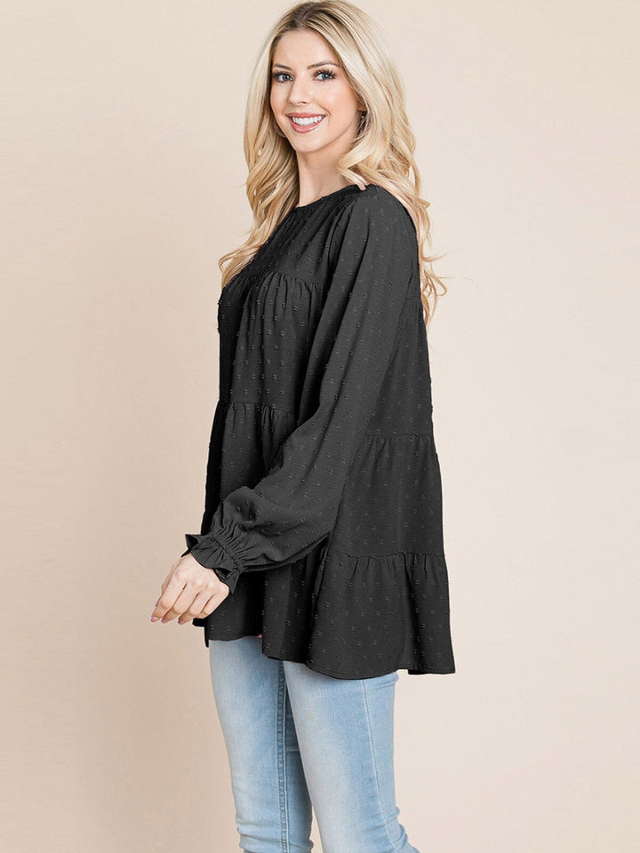 WOMEN'S LONG SLEEVE TIERED TUNIC SWISS DOTS BLOUSE