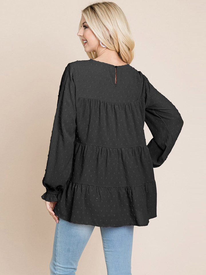 WOMEN'S LONG SLEEVE TIERED TUNIC SWISS DOTS BLOUSE