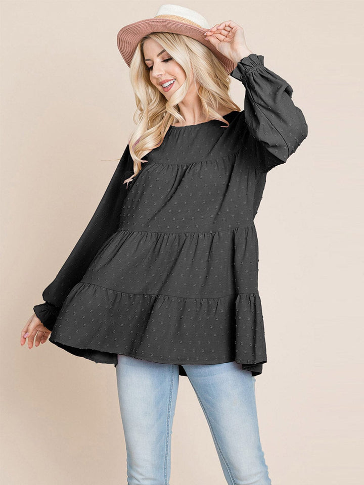 WOMEN'S LONG SLEEVE TIERED TUNIC SWISS DOTS BLOUSE