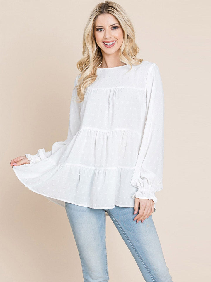 WOMEN'S LONG SLEEVE TIERED TUNIC SWISS DOTS BLOUSE