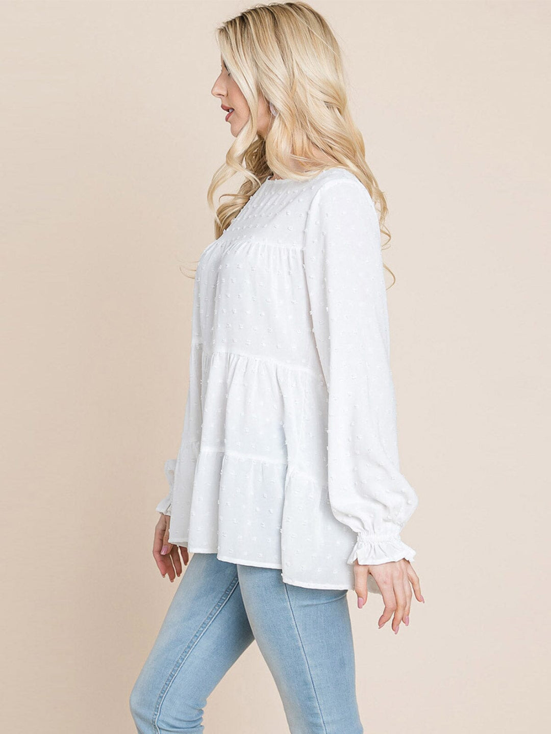 WOMEN'S LONG SLEEVE TIERED TUNIC SWISS DOTS BLOUSE