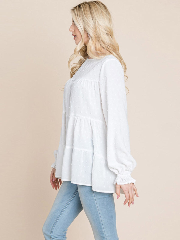 WOMEN'S LONG SLEEVE TIERED TUNIC SWISS DOTS BLOUSE