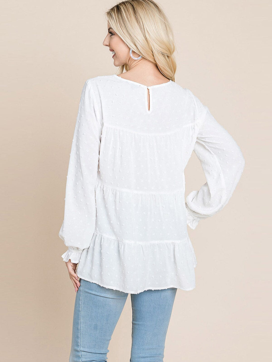 WOMEN'S LONG SLEEVE TIERED TUNIC SWISS DOTS BLOUSE